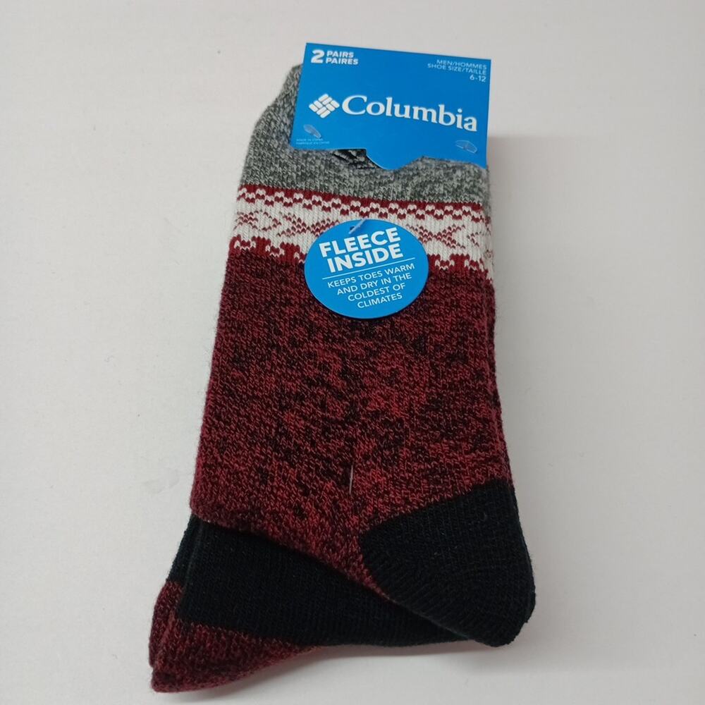 Columbia 2 Pair Fleece Lined Crew Socks Men's 6-12 Maroon/ Black Comfy Warm NEW